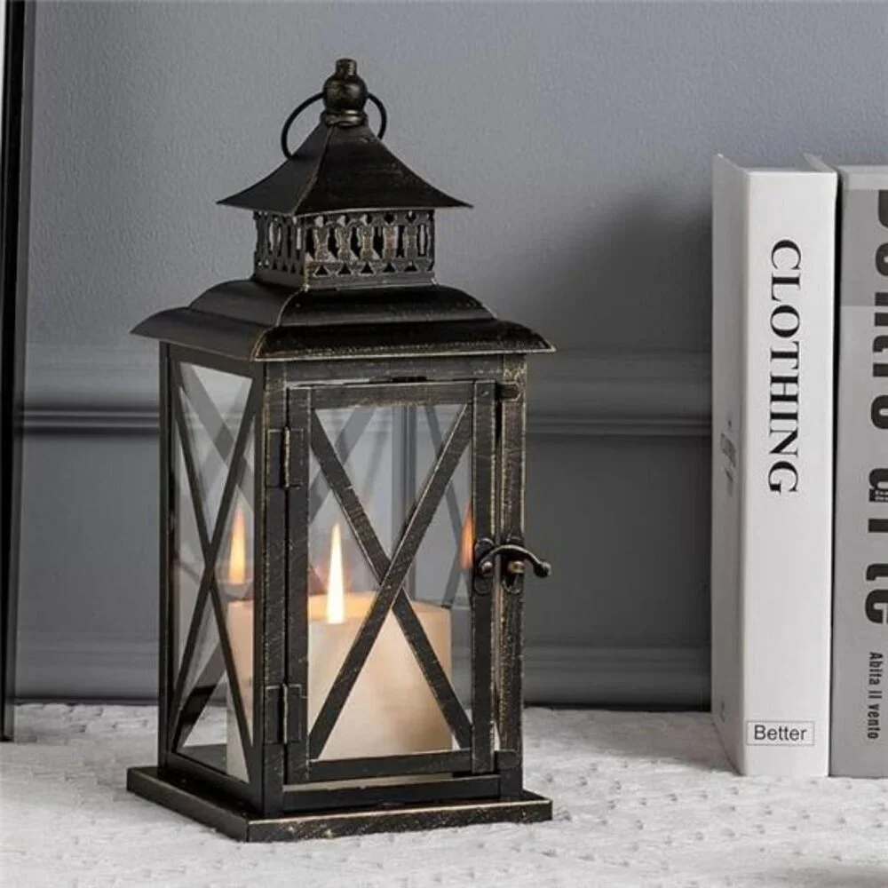 Large Black Metal Candle Lantern Indoor Outdoor Hanging Vintage Decor